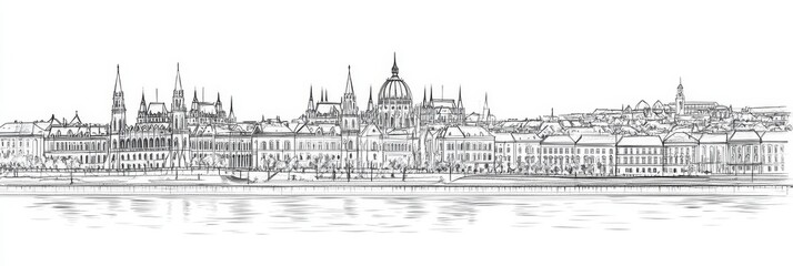 Obraz premium Single line drawing of Budapest, Hungary, showcasing the iconic Parliament building and Danube River. Elegant, minimalist, cityscape.