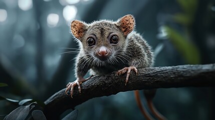 Close-up of a small, wide-eyed marsupial perched on a branch in a forest setting, with a blurred background creating a dreamy atmosphere.