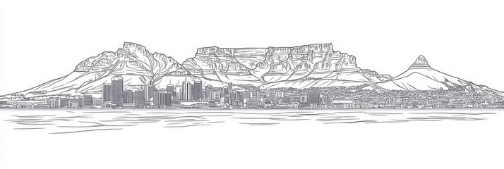 Fototapeta premium Stunning single-line illustration of Cape Town, South Africa, featuring Table Mountain, Lion's Head, and the city skyline. Elegant, minimalist design.