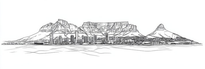 Fototapeta premium Stunning single-line drawing of Cape Town, South Africa, showcasing Table Mountain, cityscape, ocean, and Lion's Head. Elegant minimalist design.