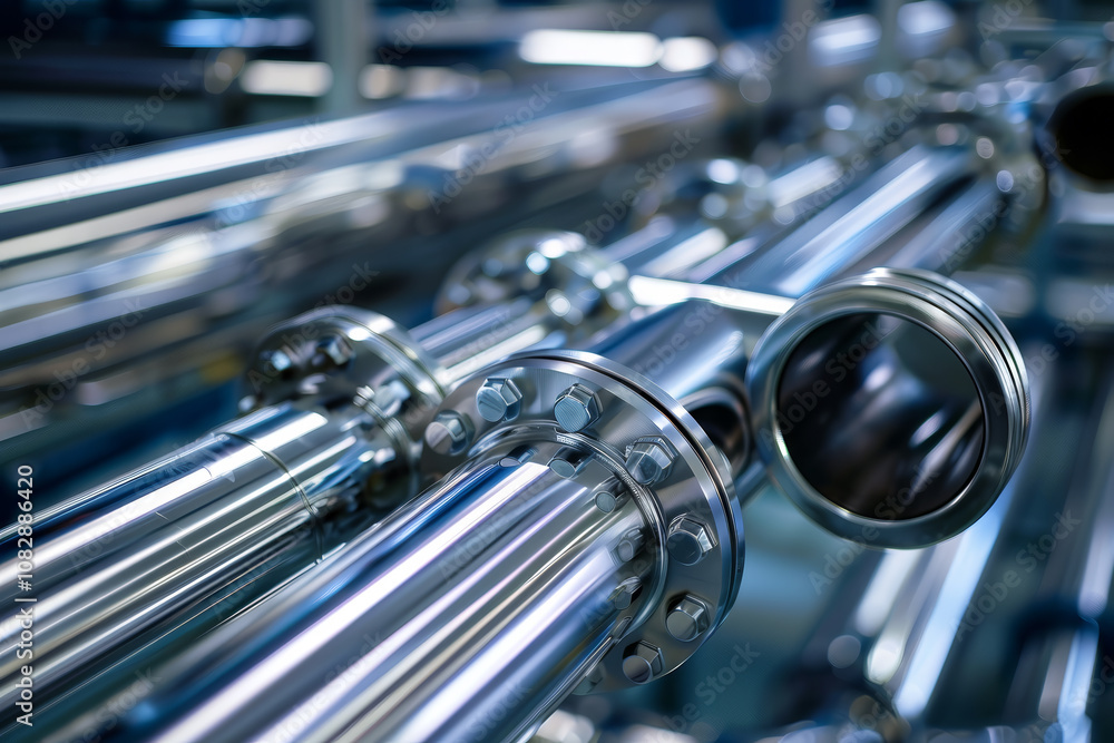 Poster polished metal pipes with flanges are arranged in a structured layout within an industrial environme