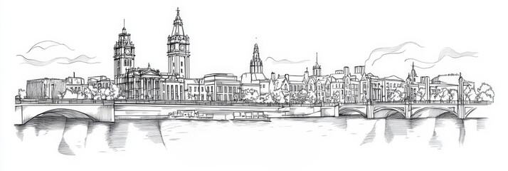 Fototapeta premium Elegant single-line drawing of Dublin, Ireland cityscape, featuring iconic buildings, bridges, and river Liffey. Captures architecture, city, travel, and art.