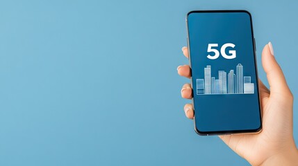 A woman's hand holds a smartphone displaying a 5G connection over a vibrant blue cityscape background, illustrating modern technology advancements