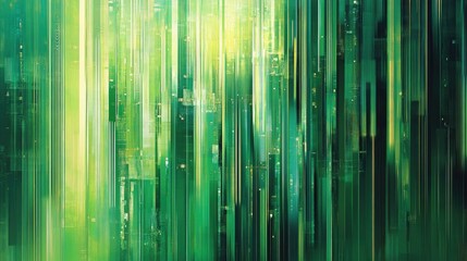 Abstract green background with vertical lines and strips featuring a digital line art illustration
