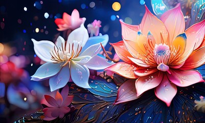 Brilliant flower in dazzling colors, capturing essence of natures artistry. Sparkling droplets add magical touch. For greeting card, background, designs needing dynamic visual, creative inspiration.