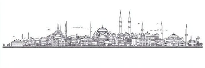 Fototapeta premium Elegant single line drawing of Istanbul skyline featuring iconic mosques, historical buildings, and a touch of nature. Symbolizes travel, history, culture, architecture, and Turkey.