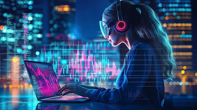 A woman wearing a headset is using a laptop computer to create a holographic visual chart.