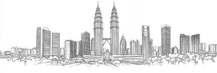 Obraz premium Elegant line art depicting Kuala Lumpur's iconic skyline, featuring the Petronas Towers, modern architecture, and lush greenery. Symbolizes progress, modernity, tourism, and Malaysian culture.