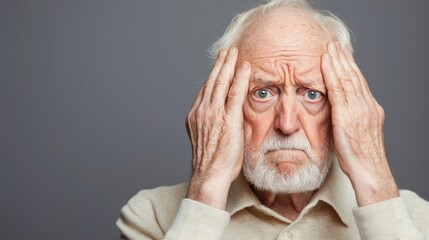 Elderly man expressing distress indoor setting emotional portrait neutral background close-up perspective human experience