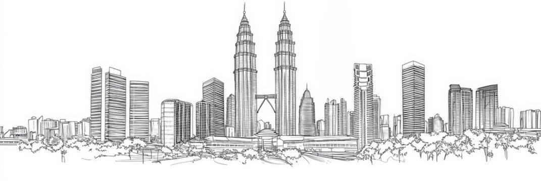 Elegant line art depicting Kuala Lumpur's iconic skyline, featuring the Petronas Towers, modern architecture, and lush greenery.  Symbolizes progress, modernity, tourism, and Malaysian culture.