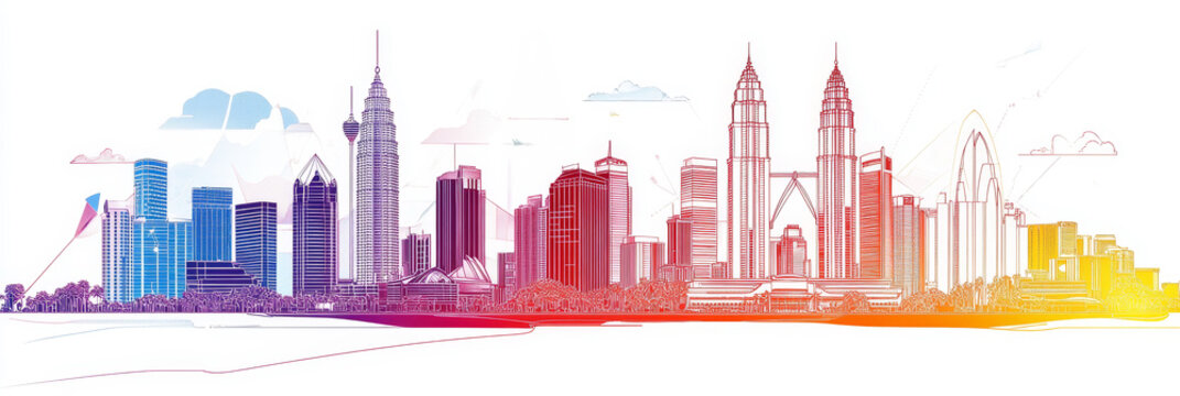 Colorful single-line art depicting Kuala Lumpur's iconic skyline, showcasing modernity, culture, tourism, architecture, and urban development.