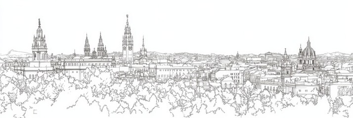 Elegant single-line drawing of Madrid's cityscape, showcasing iconic buildings, architecture, and urban landscape.  A simple yet captivating illustration.