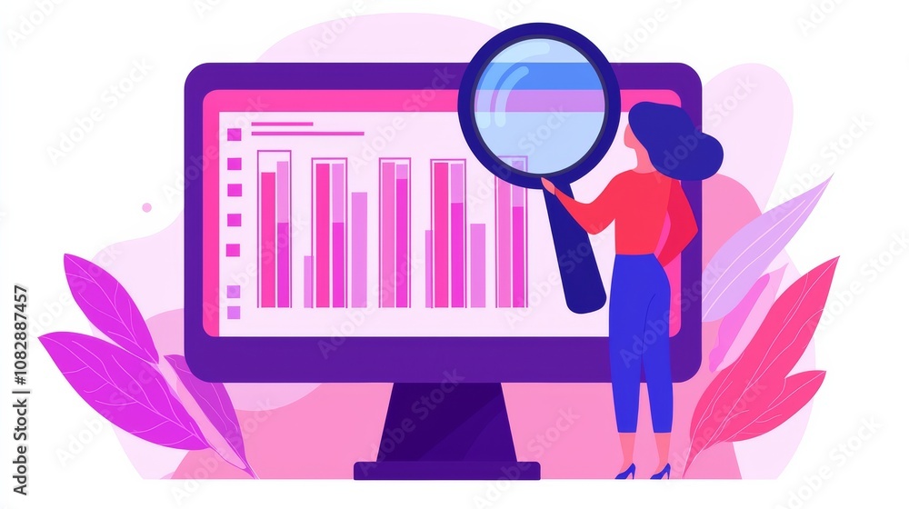 Poster analyzing data trends with magnifying glass virtual workspace infographic digital environment eye-le