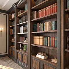 A Luxurious Classic Library with Ornate Wooden Bookshelves and Cozy Reading Nook V1