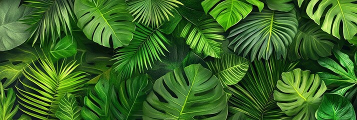 Lush tropical jungle foliage with layered green leaves creating depth and texture in a vibrant composition