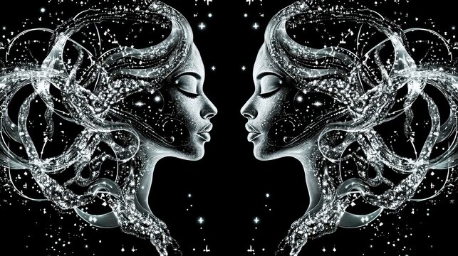 Gemini Twins Manifesting from Cosmic Serpents: Ethereal Digital Background with Binary Stars, Sacred Geometry, and Silver Accents for Twin Flame Spirituality. High-Resolution Design.