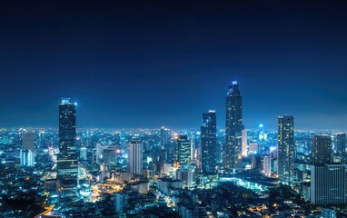 Obraz premium A breathtaking view of Bangkok's skyline at night showcasing smart city technology and digital connections