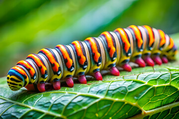 Naklejka premium A colorful caterpillar resting on a green leaf, showcasing vibrant patterns and details, typical of many tropical species.
