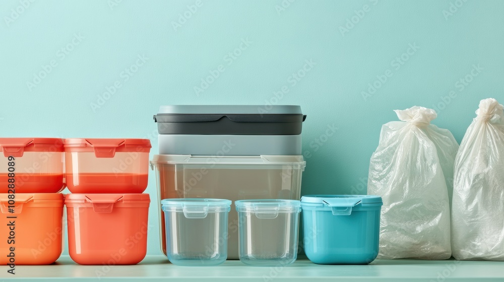 Poster A collection of reusable containers is displayed on a shelf alongside an array of single-use plastic bags and cups, highlighting waste issues. Generative AI