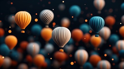 Fototapeta premium Colorful hot air balloons in various patterns floating in a dark, atmospheric setting with glowing bokeh lights.