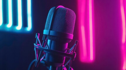 Close-up of a microphone and headphones for podcasting or ASMR sounds in a sound studio with neon led lights in cyan and magenta.