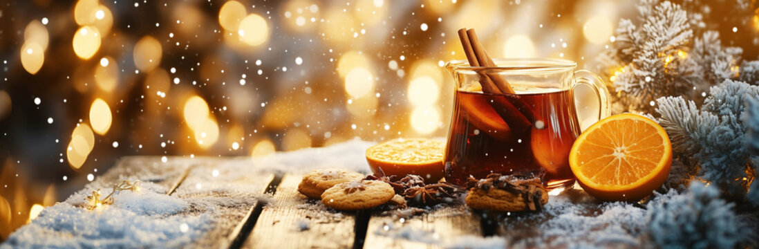 Gl&uuml;hwein mit Zimt und Orange oder Punsch mit Weihnachtskeksen und Textfreiraum