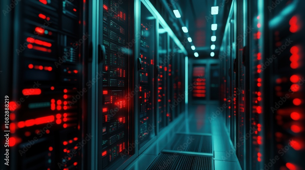 Poster server room with red and blue lights, showing data storage systems