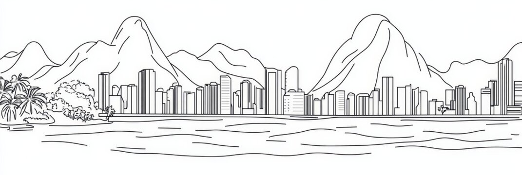 Stunning line art illustration of Rio de Janeiro's iconic skyline, featuring mountains, ocean, city buildings, and palm trees.  Symbolizes travel, nature, urban landscape, beauty, and Brazil.