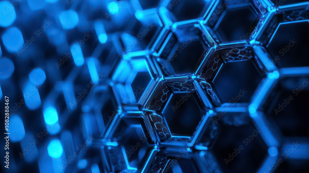 Poster abstract blue hexagonal pattern with glowing lights in background.