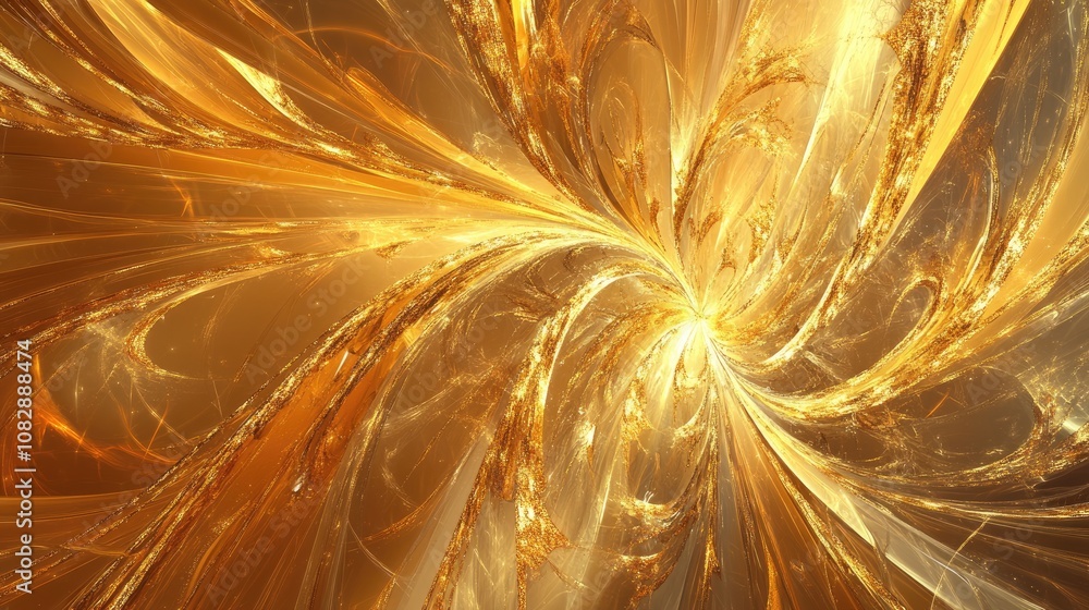 Poster abstract gold background featuring a fractal star explosion with glossy accents and dynamic lines in