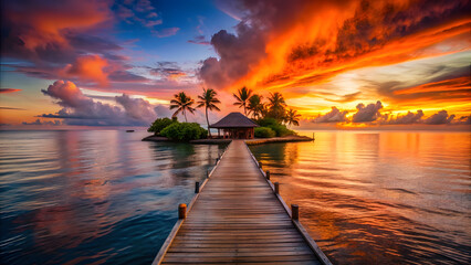 Sunset Over Romantic Private Island with Wooden Pier. Perfect for: Honeymoon, Beach Weddings, Tropical Escapes
