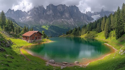 Fototapeta premium A serene mountain landscape featuring a cabin by a tranquil lake surrounded by lush greenery.