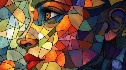 Abstract human face elements intertwined with a colorful stained glass pattern exploring themes of spirituality creativity imagination and artistry in a line art illustration