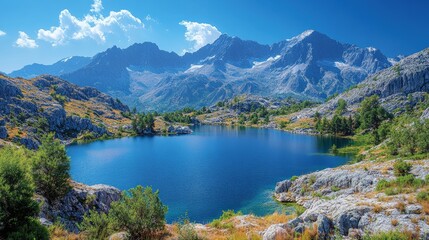 A serene mountain landscape featuring a tranquil lake surrounded by rugged peaks and greenery.