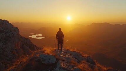 Fototapeta premium Hiker on a Mountain Top at Sunset