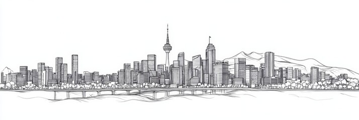 Obraz premium Elegant single-line drawing of Seoul's cityscape, featuring iconic landmarks, modern architecture, and tranquil mountains. Captures city's beauty, modernity, and serenity.