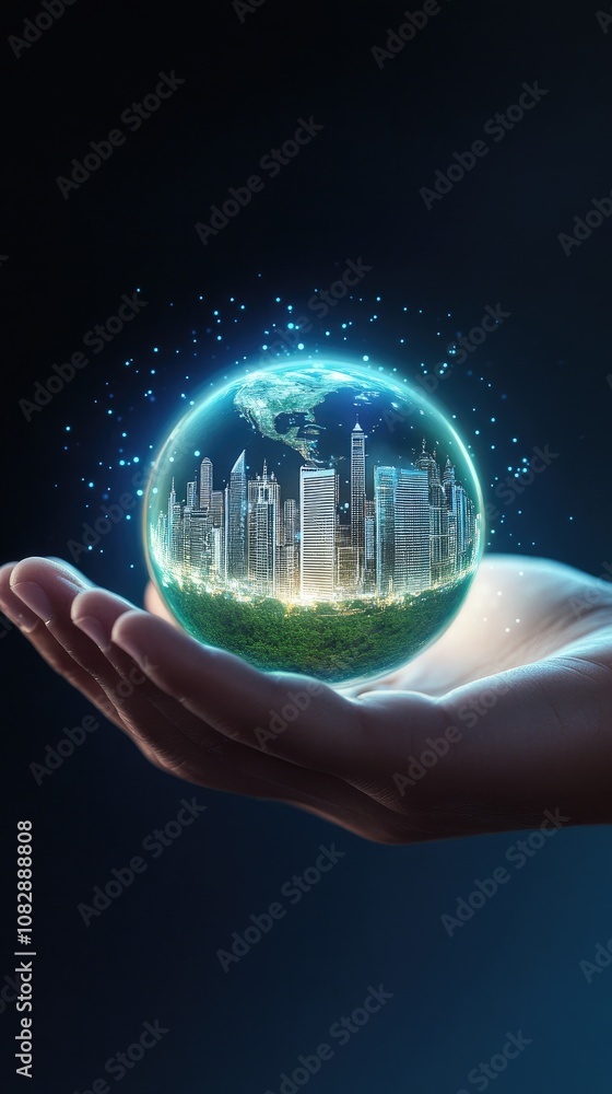 Poster a hand holds a smartphone displaying a glowing hologram city, with earth's planet enveloped in data 