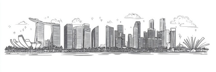 Fototapeta premium Singapore city skyline, single line drawing, modern architecture, iconic landmarks, travel.