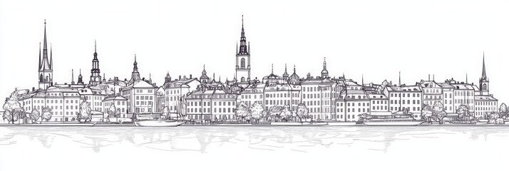 Fototapeta premium Elegant single line drawing of Stockholm cityscape, showcasing architecture, water, and urban beauty. Represents history, travel, Sweden, art, and design.