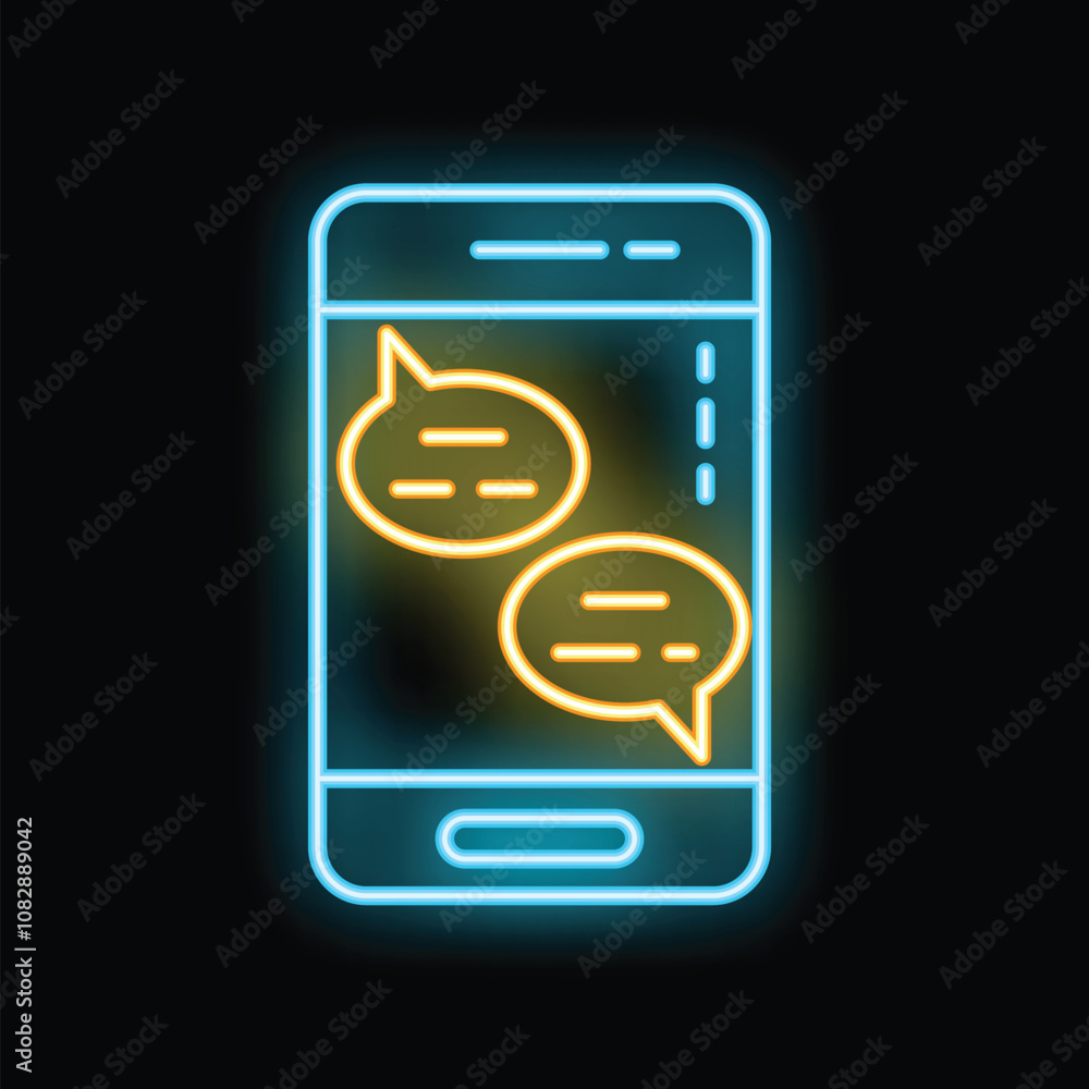 Poster neon sign illustrating a smartphone with two instant messaging chat bubbles