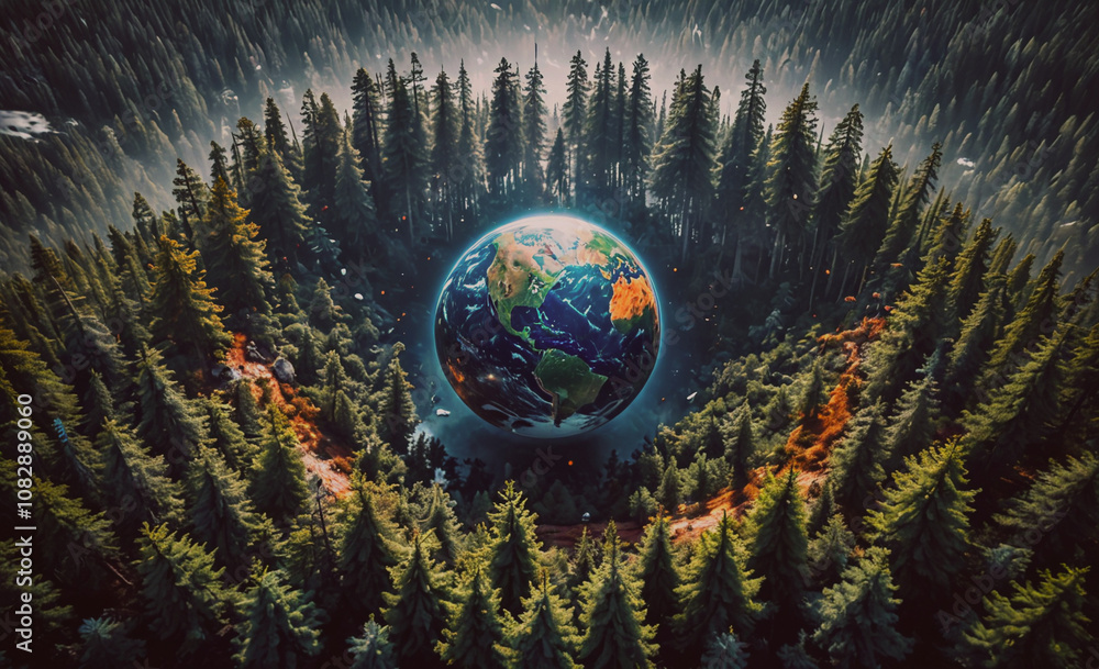 Poster large globe is surrounded by trees