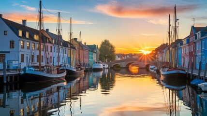 a sunset over a canal with boats in the water.