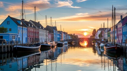 a sunset over a canal with boats in the water.