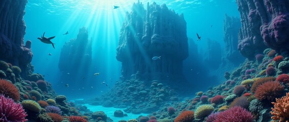 a coral reef with the sun shining through the water.