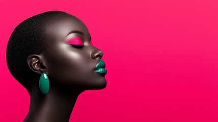 Elegant fashion portrait of a woman with vibrant makeup studio setting beauty photography chic environment side profile modern aesthetic