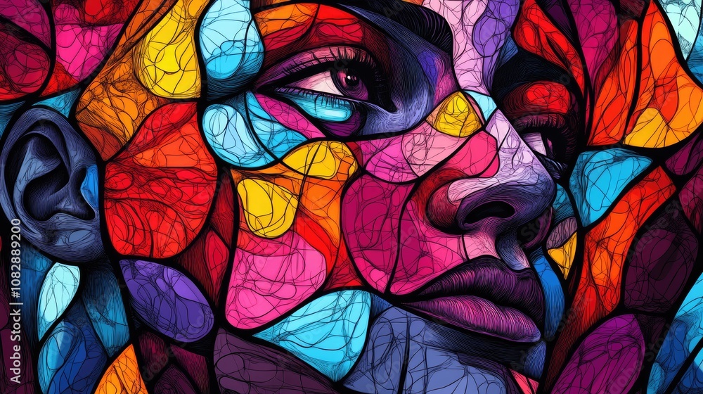 Poster abstract human face elements intertwined with a colorful stained glass pattern exploring themes of s