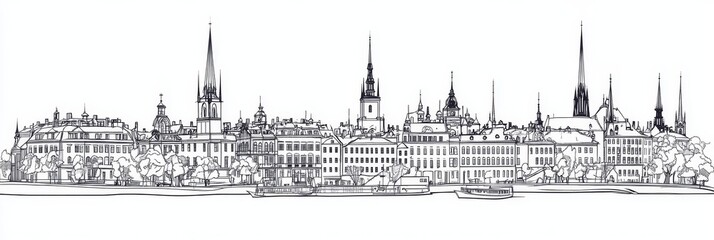 Fototapeta premium Elegant single-line drawing of Stockholm's cityscape, showcasing architecture, water, trees, and historical charm. Perfect for travel, tourism, and city design.