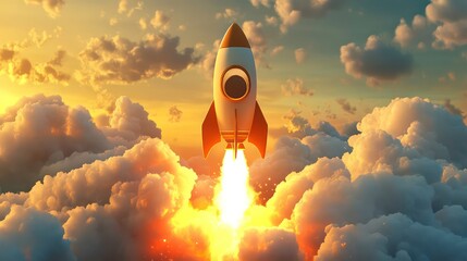 Cartoon rocket ship taking off in the sky with fire and clouds for a successful business or startup launch