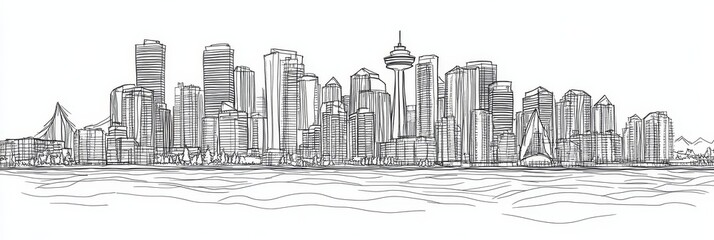 Fototapeta premium Elegant single-line drawing of Vancouver's iconic cityscape, featuring skyscrapers, water, and the city's unique architecture. Modern, minimalist, and clean design.