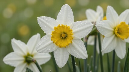 Obraz premium Delicate white narcissus flower with yellow corona dew covered petals and soft green background
